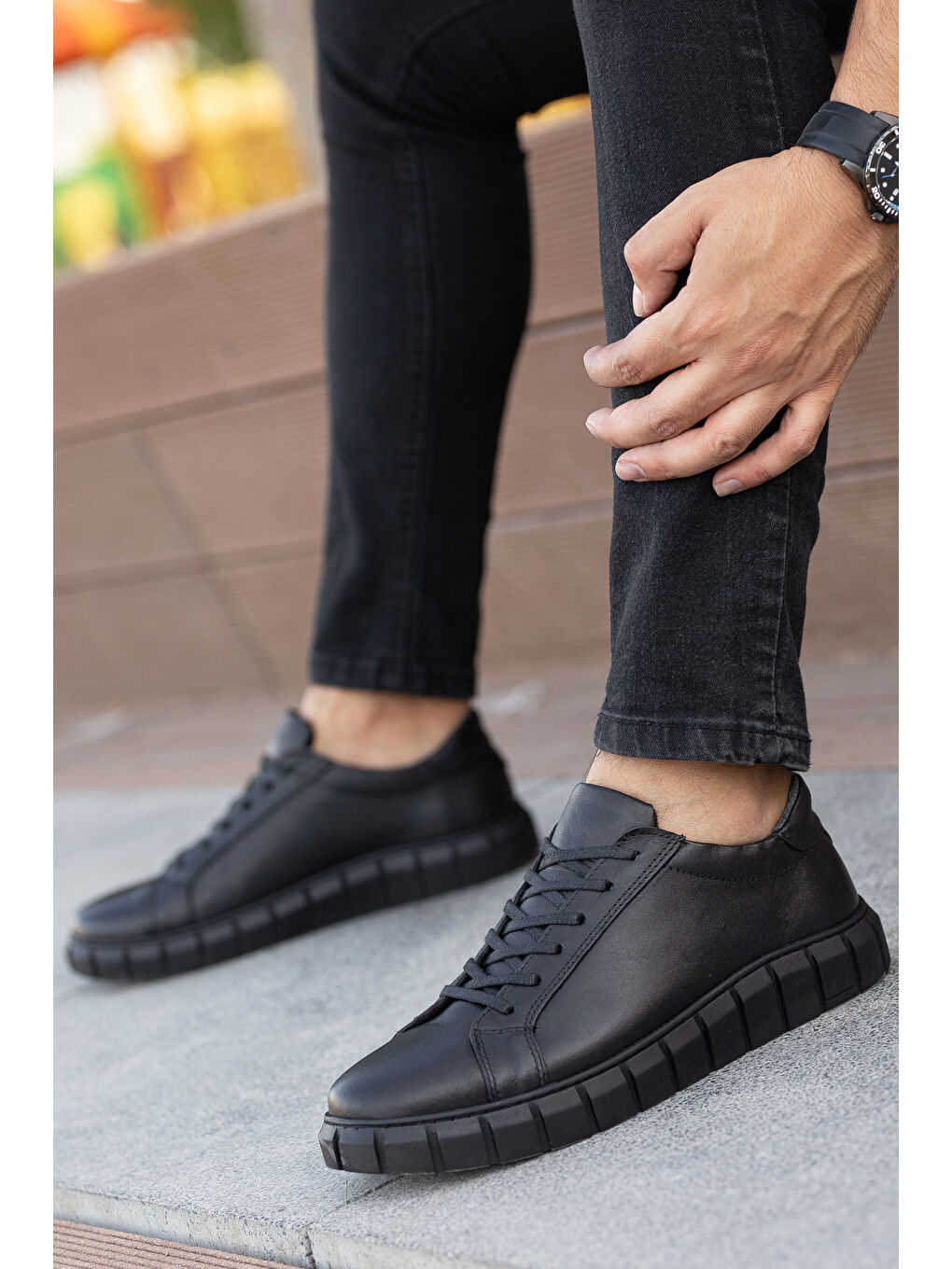 Siyah D075 Hakiki Deri Günlük Ortopedik Erkek Spor Ayakkabı-3