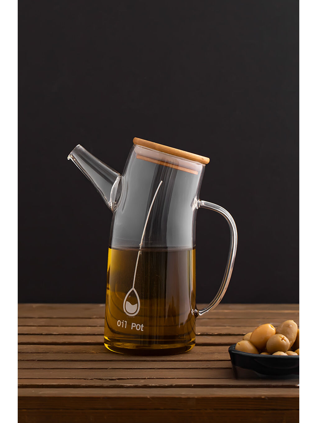 Renksiz 2093 Bambu Kapaklı Vakumlu Borosilikat Cam Yağdanlık Yağlık Sirkelik 700ml-1