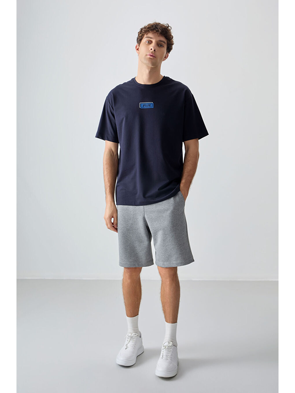 Lacivert Pamuklu Kalın Yumuşak Dokulu Oversize Fit Baskılı Erkek Tişört - 88376-1