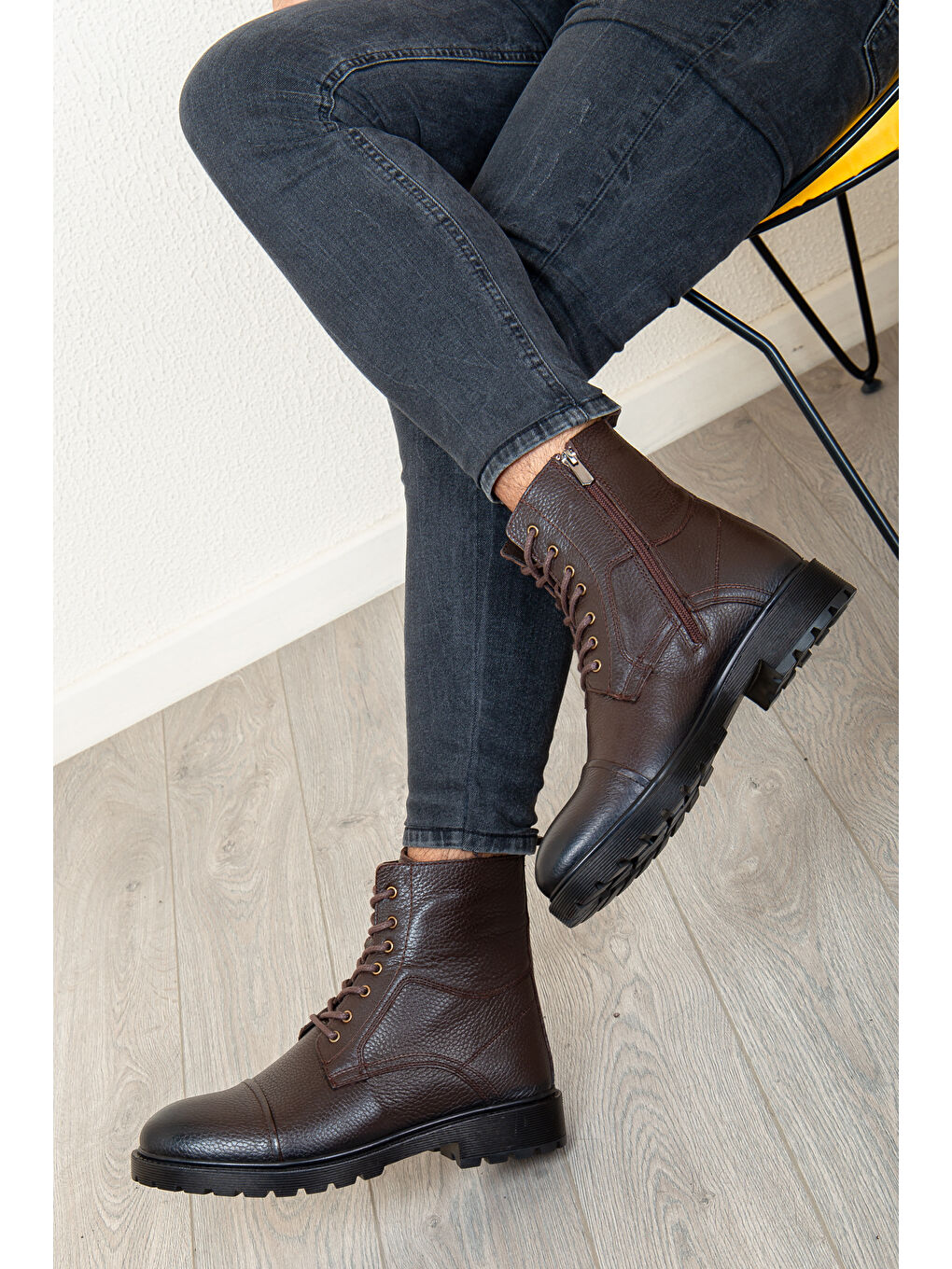 Kahverengi D402 Hakiki Deri Soğuk Geçirmez Kışlık Erkek Bot Kauçuk Taban-7