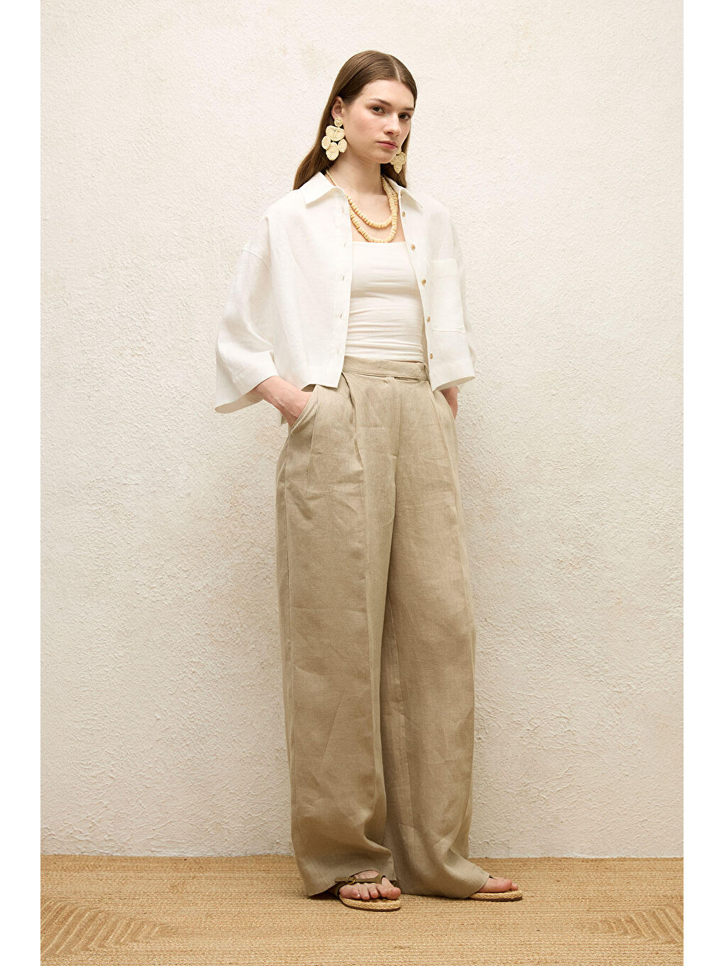 Keten Kısa Kol Crop Gömlek Ekru-4