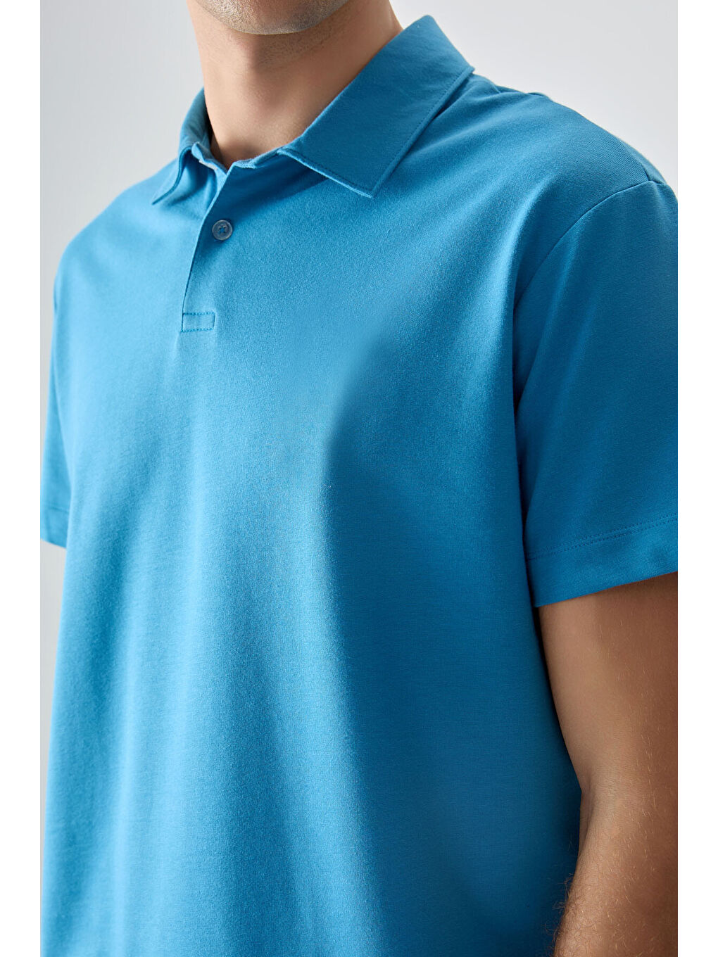 Petrol Mavi Pamuklu Kalın Yumuşak Dokulu Polo Yaka Oversize Fit Basic Erkek Tişört- 88381-1