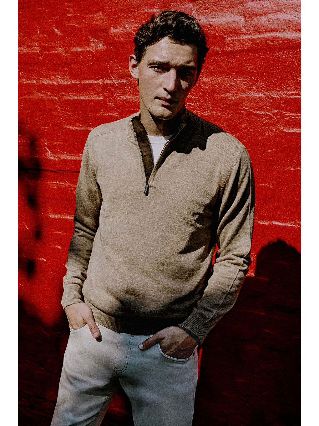 Bej Erkek Vizon Pamuklu Sıcak Tutan Standart Fit Normal Kesim Bato Yaka Triko Kazak