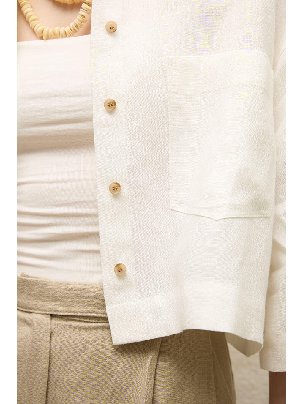 Keten Kısa Kol Crop Gömlek Ekru-5