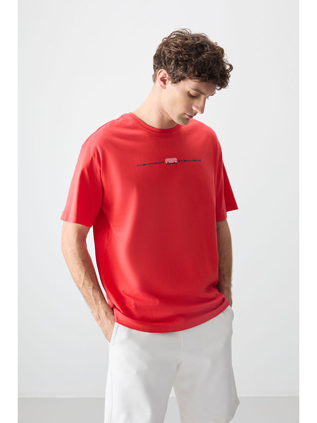 Kırmızı %100 Pamuk Kalın Yumuşak Dokulu Oversize Fit Baskılı Erkek Tişört