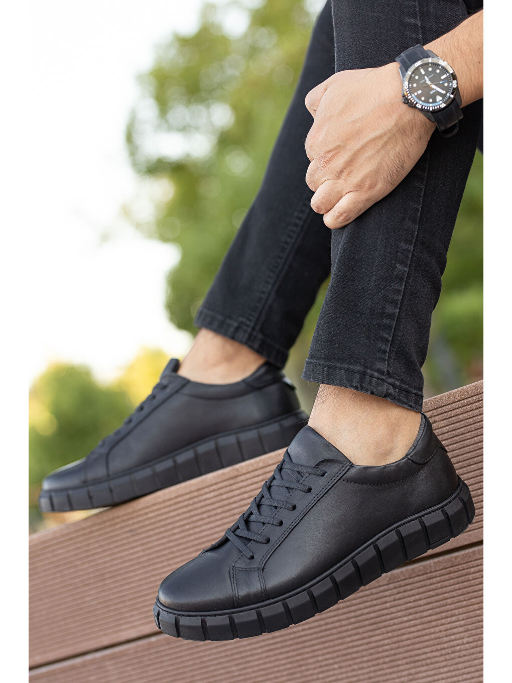 Siyah D075 Hakiki Deri Günlük Ortopedik Erkek Spor Ayakkabı-5