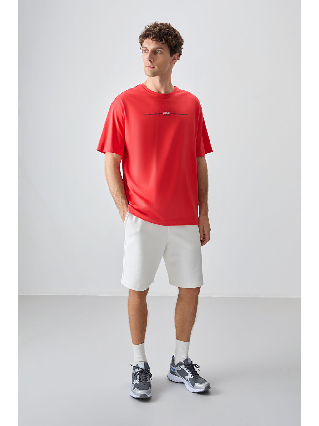 Kırmızı %100 Pamuk Kalın Yumuşak Dokulu Oversize Fit Baskılı Erkek Tişört-2