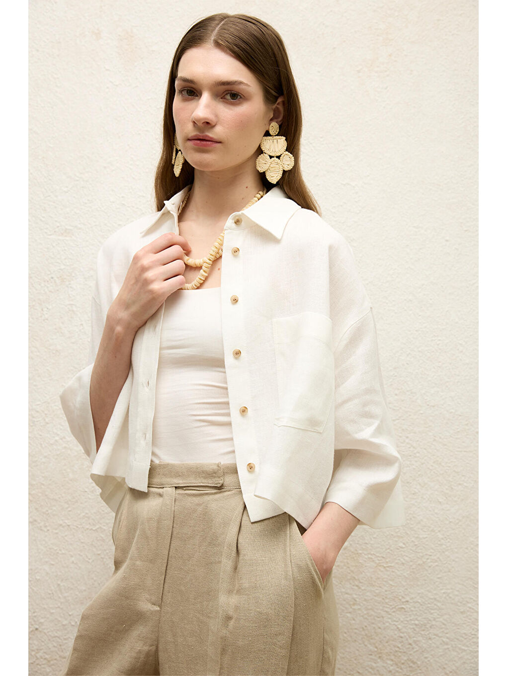 Keten Kısa Kol Crop Gömlek Ekru-6