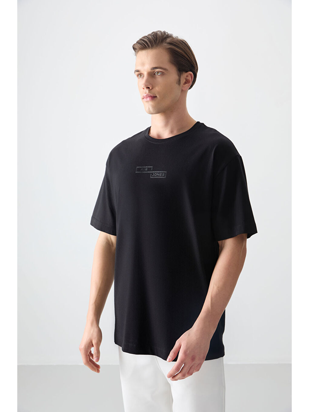 Siyah %100 Pamuk Kalın Yumuşak Dokulu Oversize Fit Baskılı Erkek Tişört - 88361-1