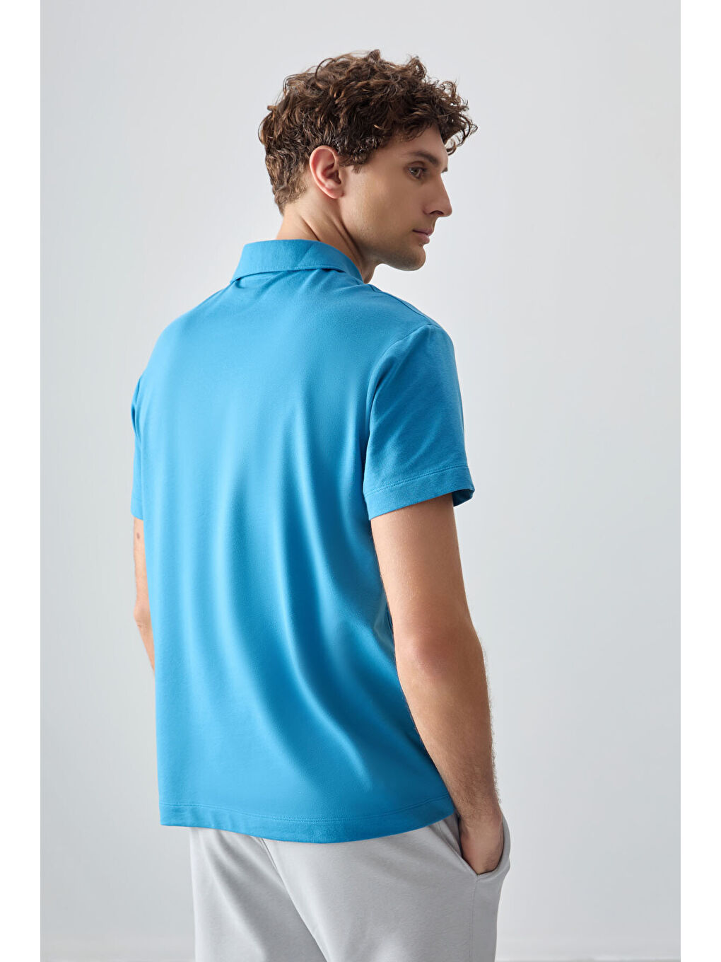 Petrol Mavi Pamuklu Kalın Yumuşak Dokulu Polo Yaka Oversize Fit Basic Erkek Tişört- 88381-4