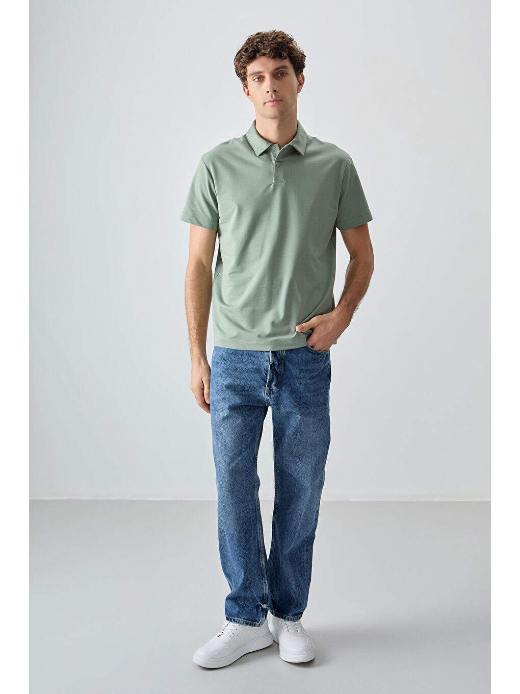 Açık Yeşil Pamuklu Kalın Yumuşak Dokulu Polo Yaka Oversize Fit Basic Erkek Tişört - 88381-2