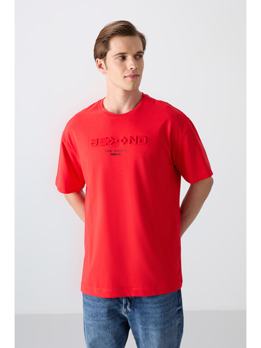 Kırmızı Pamuklu Kalın Yumuşak Dokulu Oversize Fit Baskılı Erkek Tişört - 88328