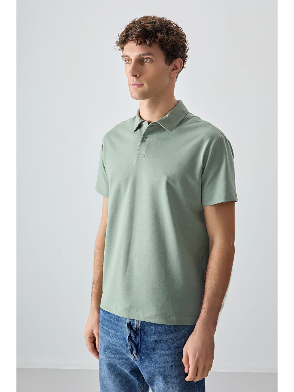 Açık Yeşil Pamuklu Kalın Yumuşak Dokulu Polo Yaka Oversize Fit Basic Erkek Tişört - 88381-3