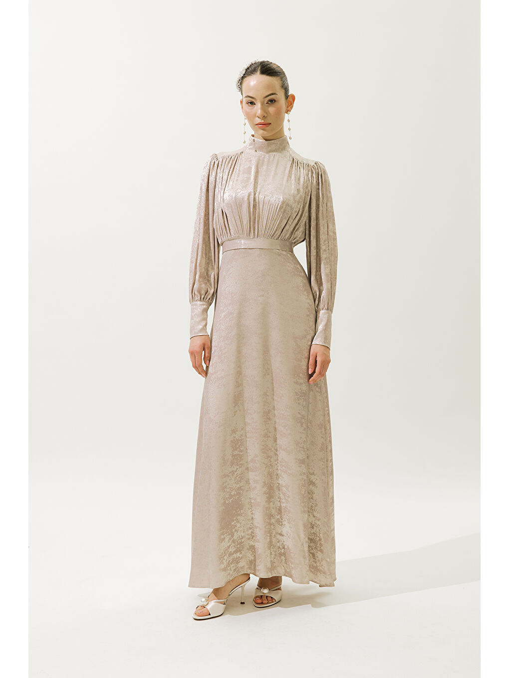 Pembe Işıltılı Abiye Elbise Pudra