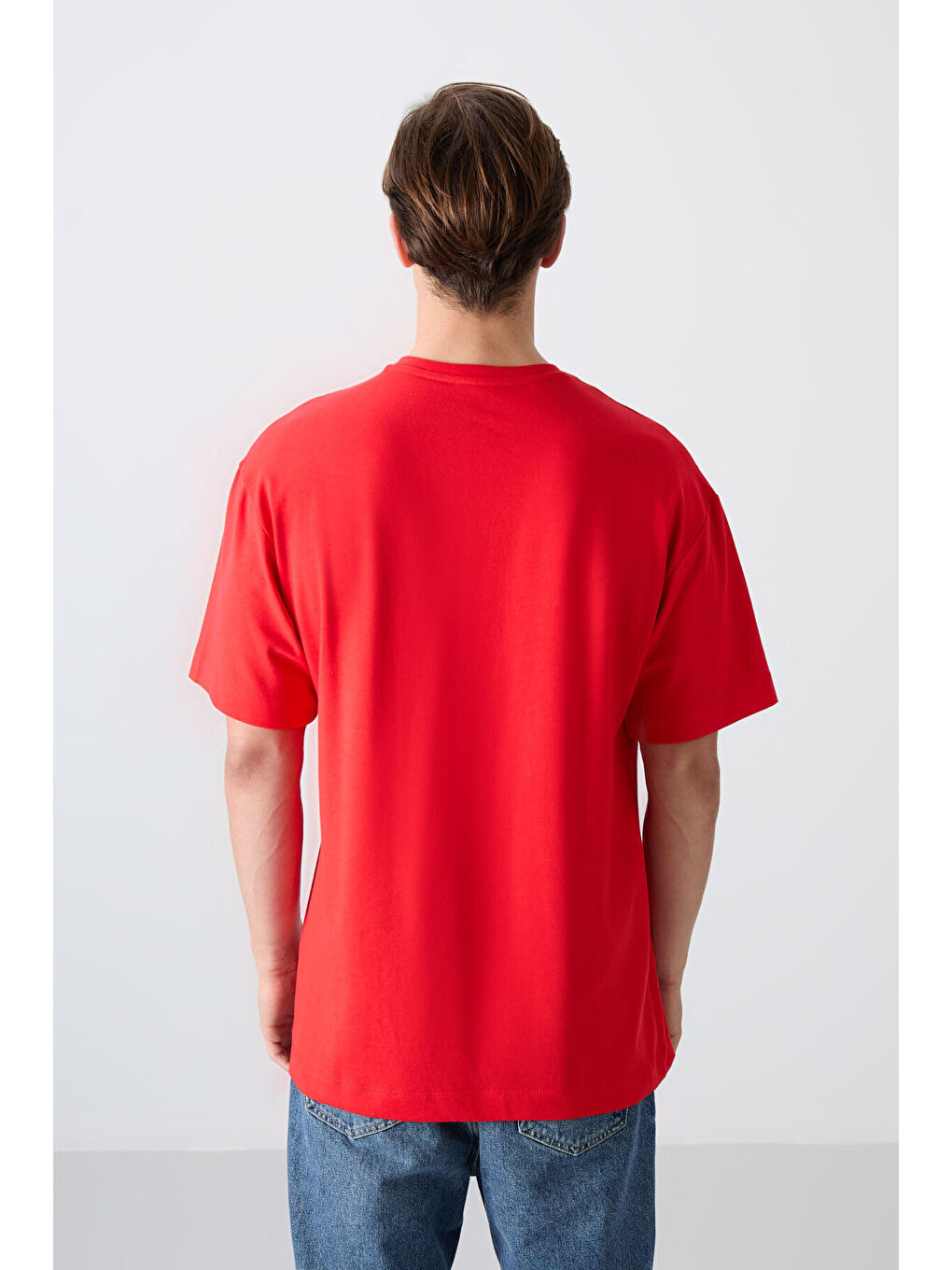 Kırmızı Pamuklu Kalın Yumuşak Dokulu Oversize Fit Baskılı Erkek Tişört - 88328-4