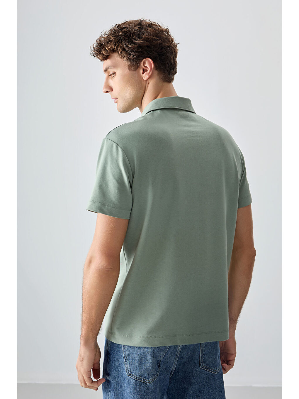 Açık Yeşil Pamuklu Kalın Yumuşak Dokulu Polo Yaka Oversize Fit Basic Erkek Tişört - 88381-4