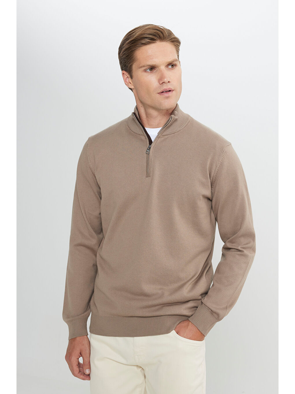 Bej Erkek Vizon Pamuklu Sıcak Tutan Standart Fit Normal Kesim Bato Yaka Triko Kazak-1