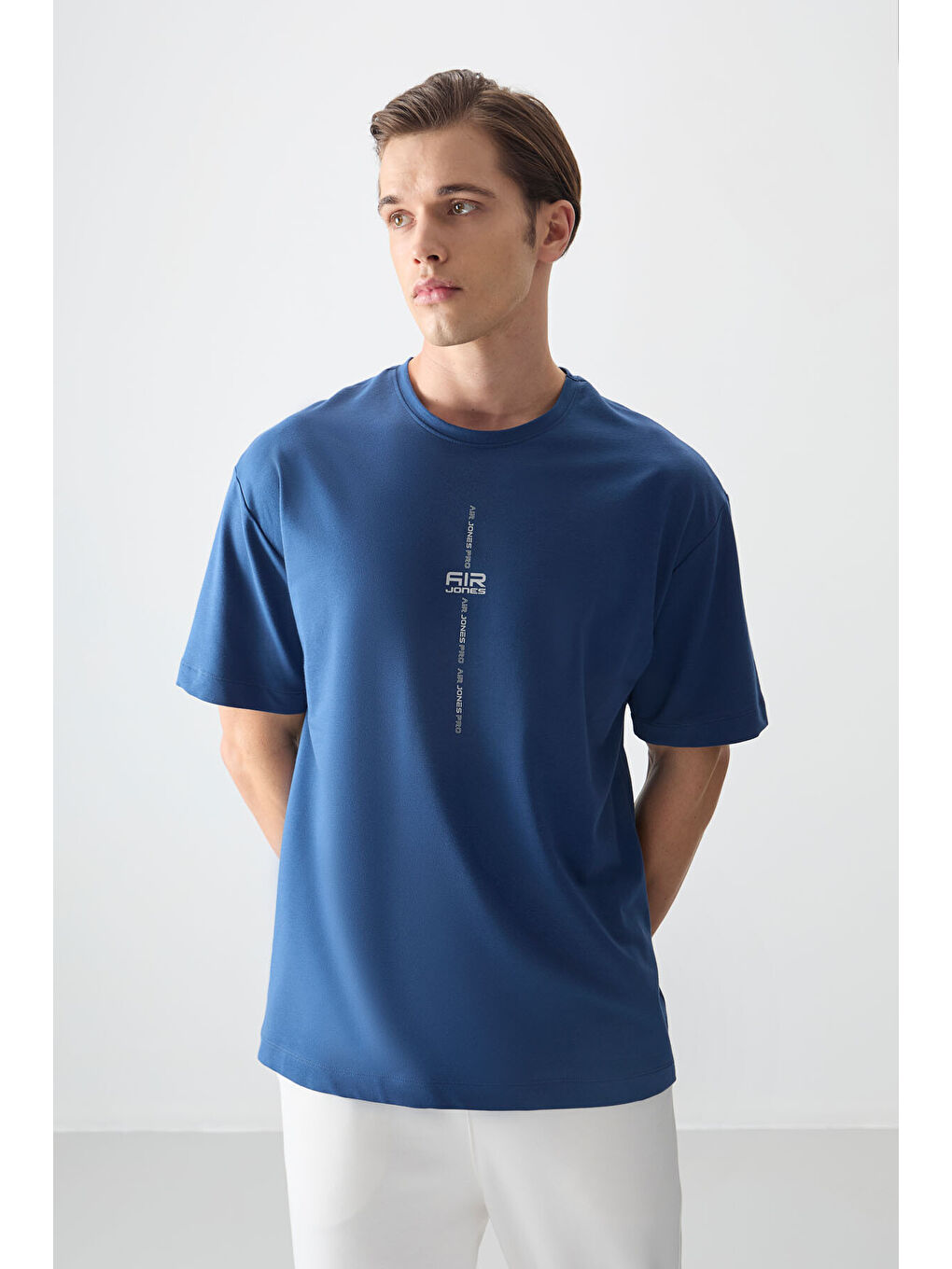 Mavi Pamuklu Kalın Yumuşak Dokulu Oversize Fit Baskılı Erkek Tişört - 88373-3