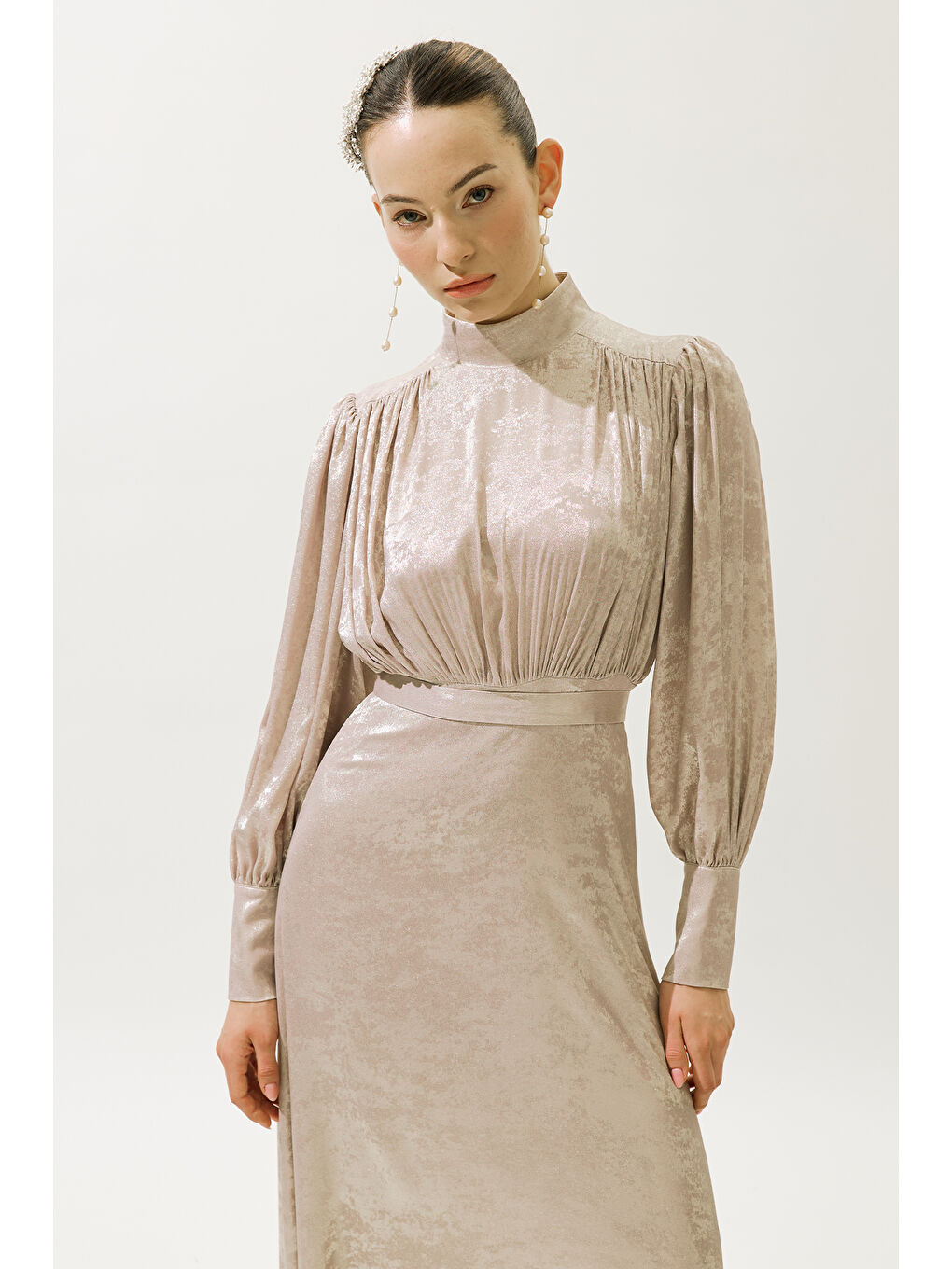 Pembe Işıltılı Abiye Elbise Pudra-1