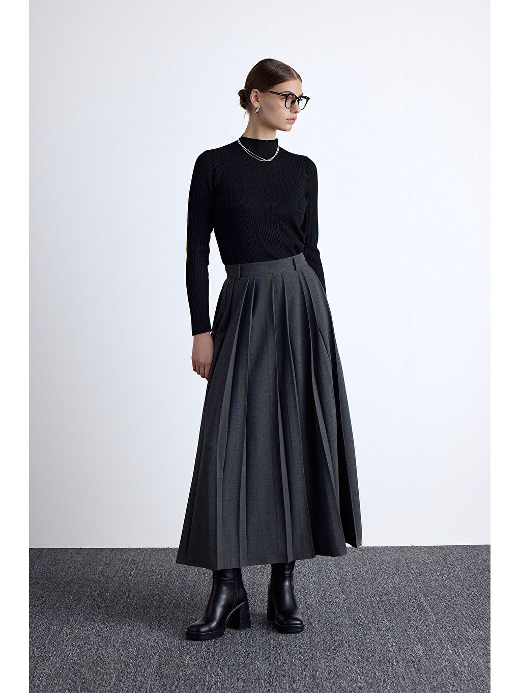 Geniş Pileli Etek Antrasit-6