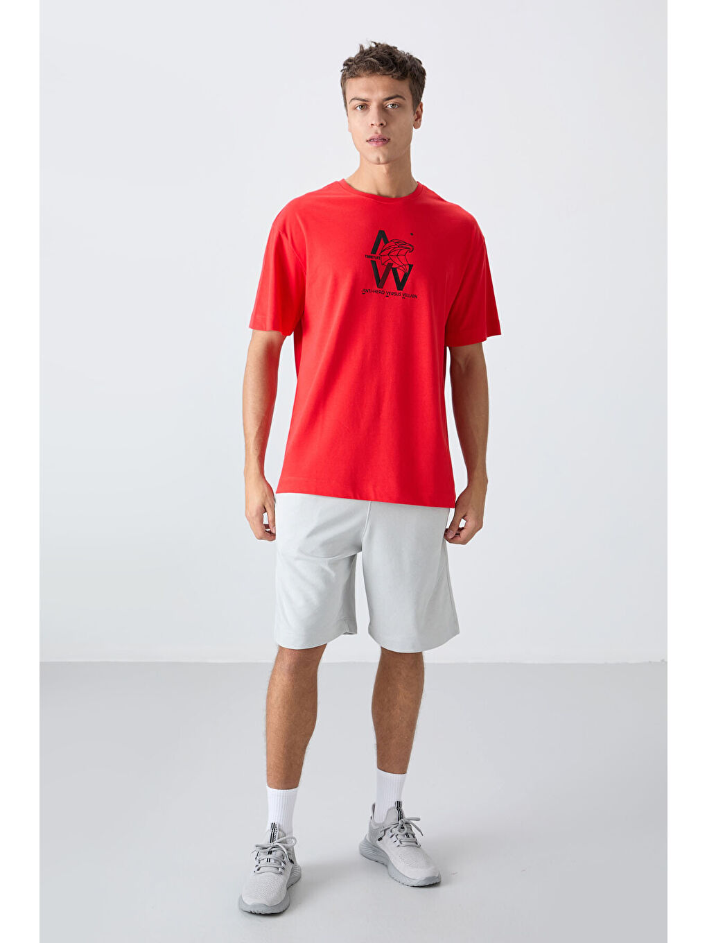 Kırmızı Fiesta Pamuklu Kalın Yumuşak Dokulu Oversize Fit Baskılı Erkek Tişört - 88332-1