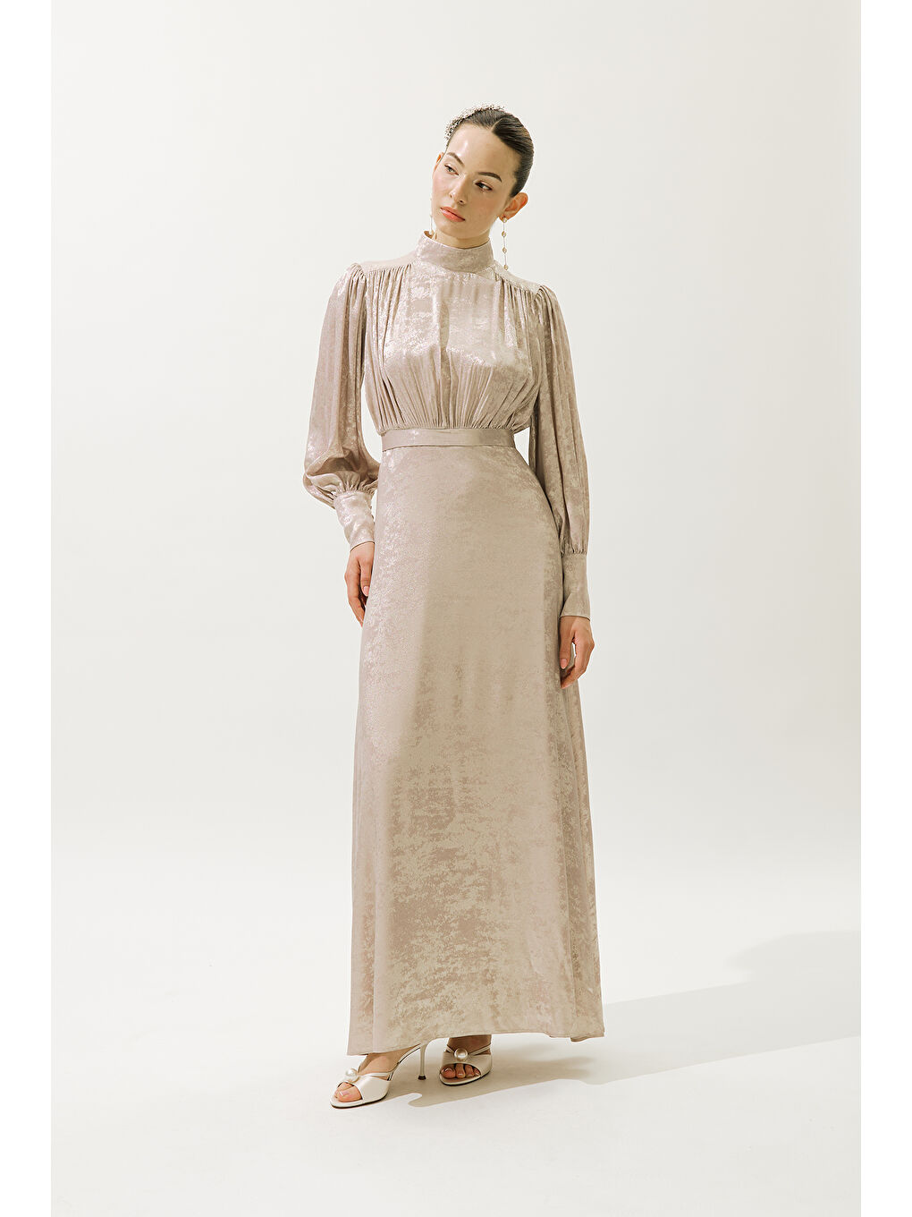 Pembe Işıltılı Abiye Elbise Pudra-2