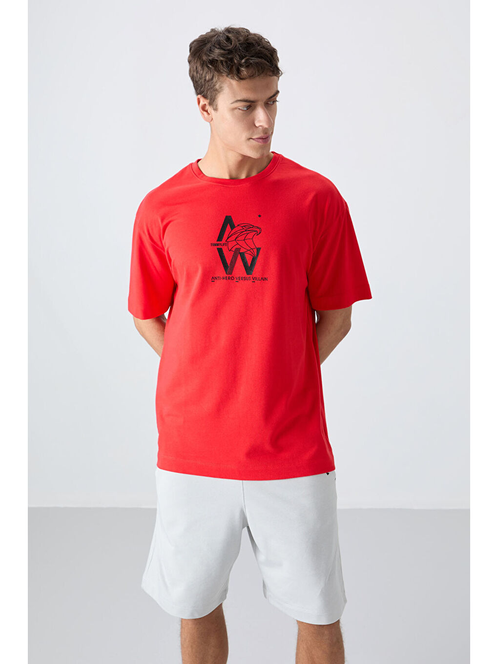 Kırmızı Fiesta Pamuklu Kalın Yumuşak Dokulu Oversize Fit Baskılı Erkek Tişört - 88332-3