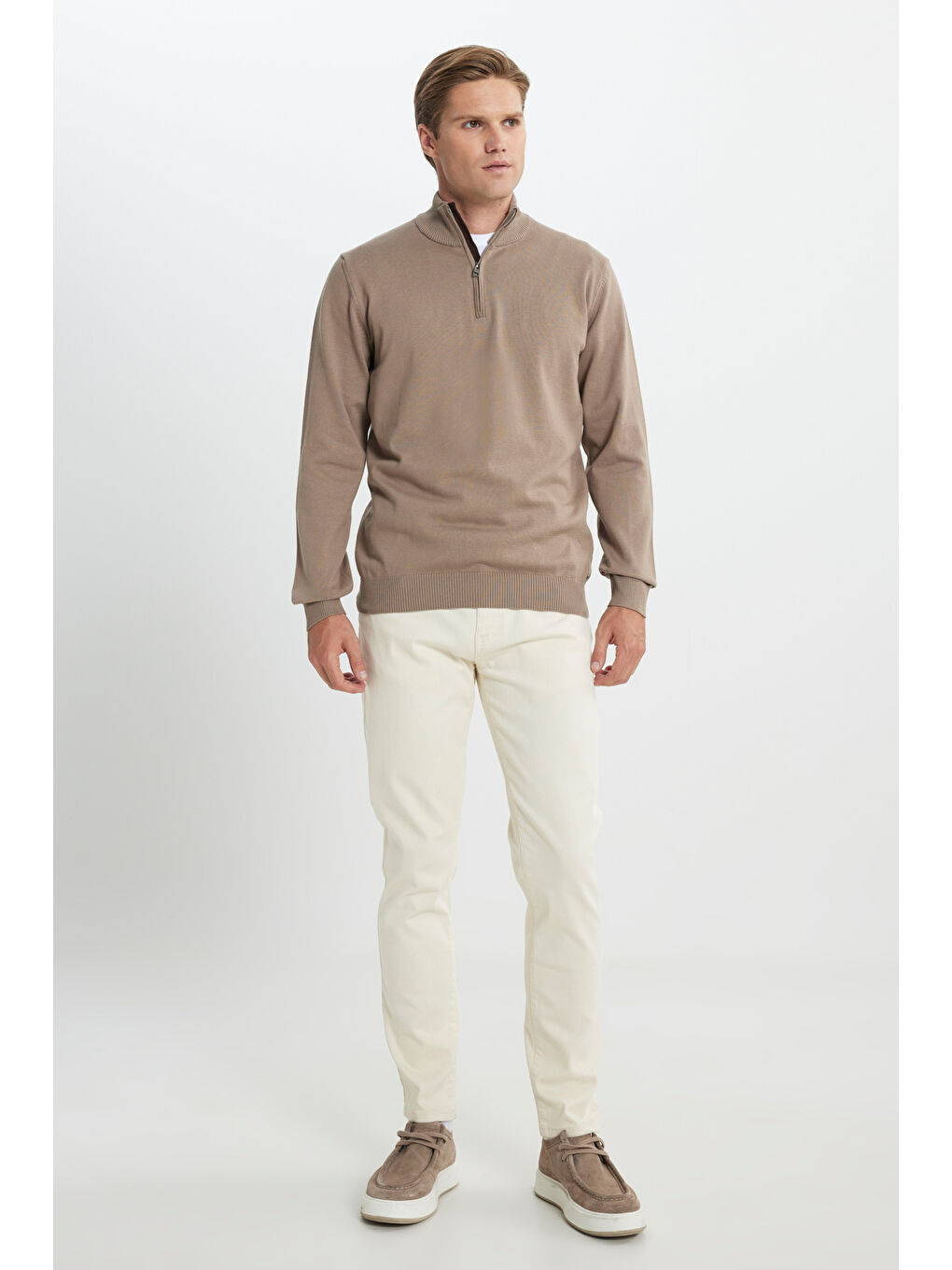 Bej Erkek Vizon Pamuklu Sıcak Tutan Standart Fit Normal Kesim Bato Yaka Triko Kazak-2