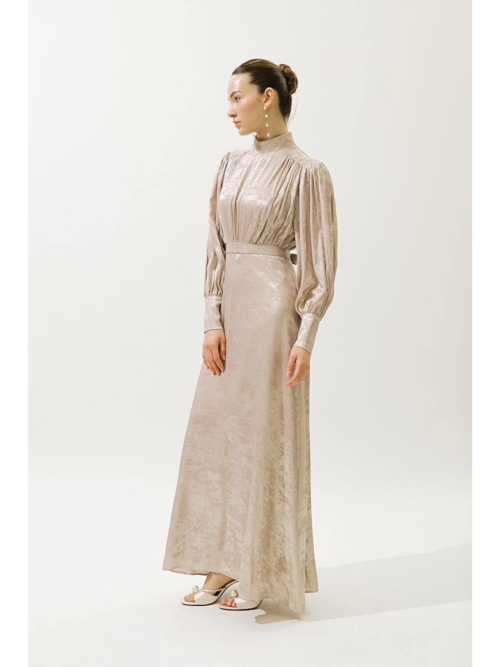 Pembe Işıltılı Abiye Elbise Pudra-3