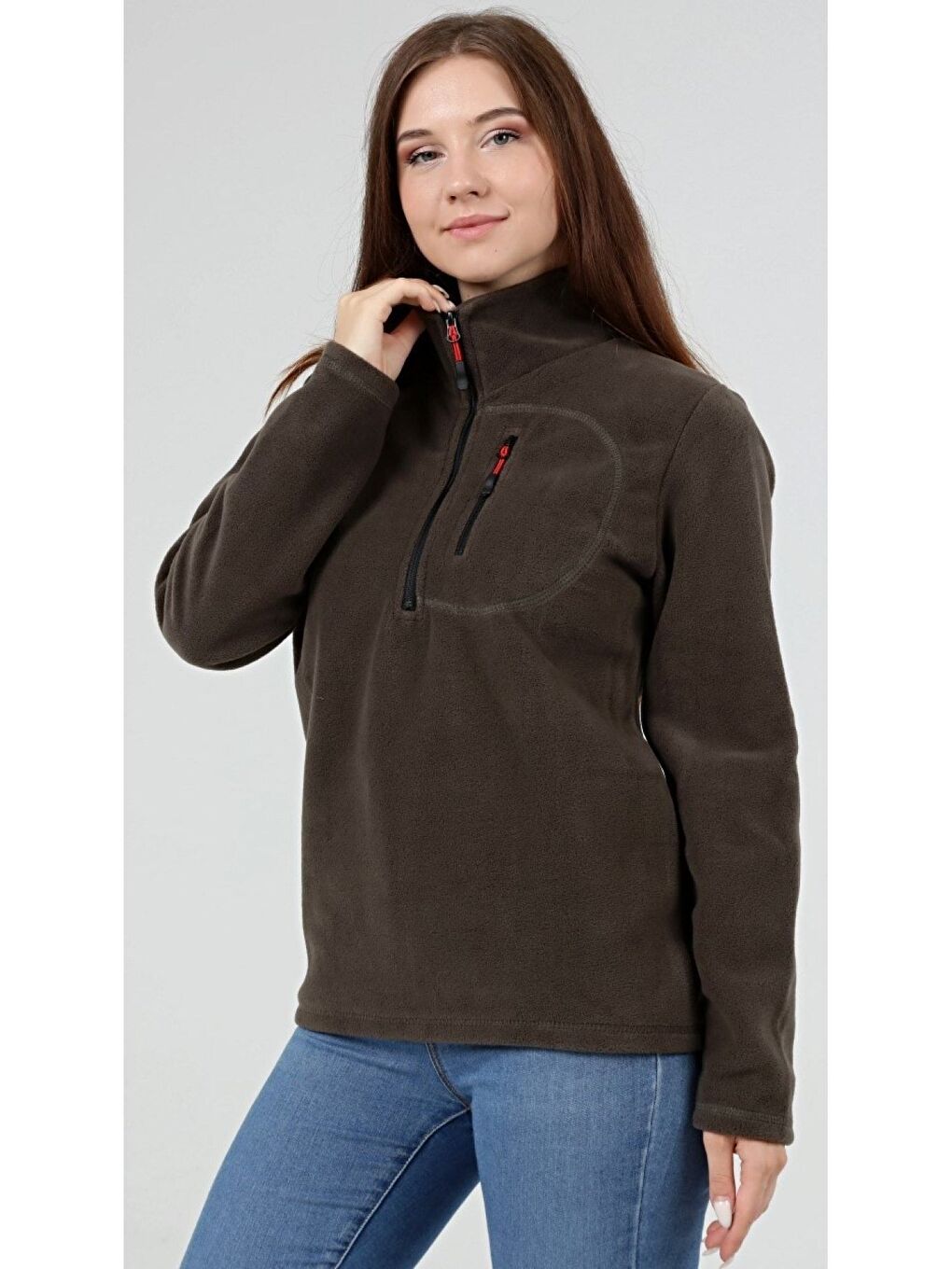 Genius Store Haki Store Kadın Polar Yarım Fermuarlı Outdoor Cepli Spor Polar