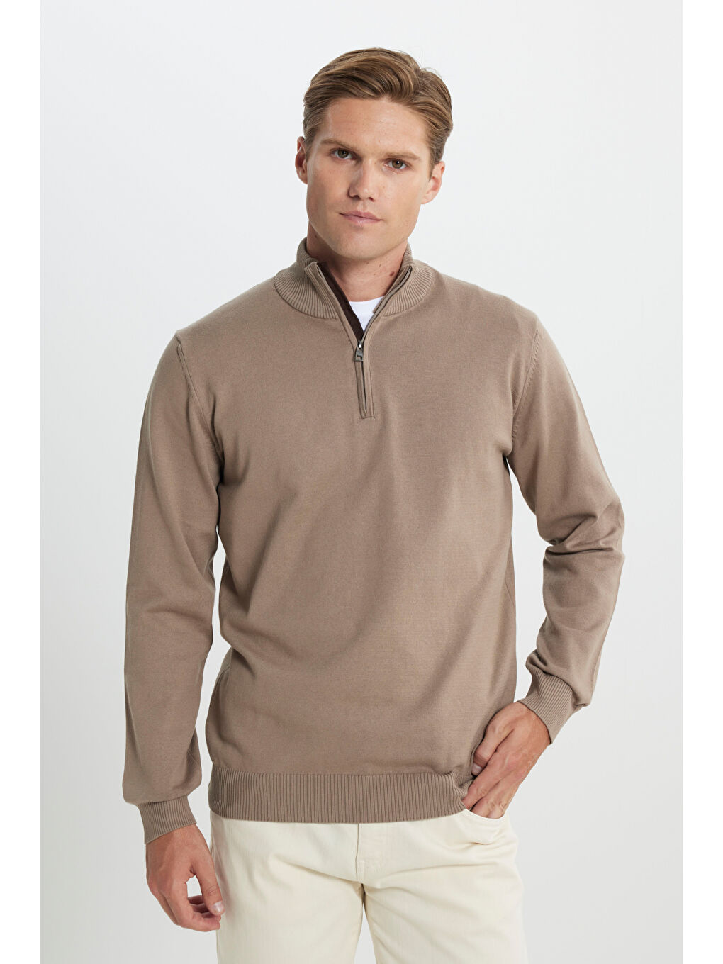 Bej Erkek Vizon Pamuklu Sıcak Tutan Standart Fit Normal Kesim Bato Yaka Triko Kazak-3