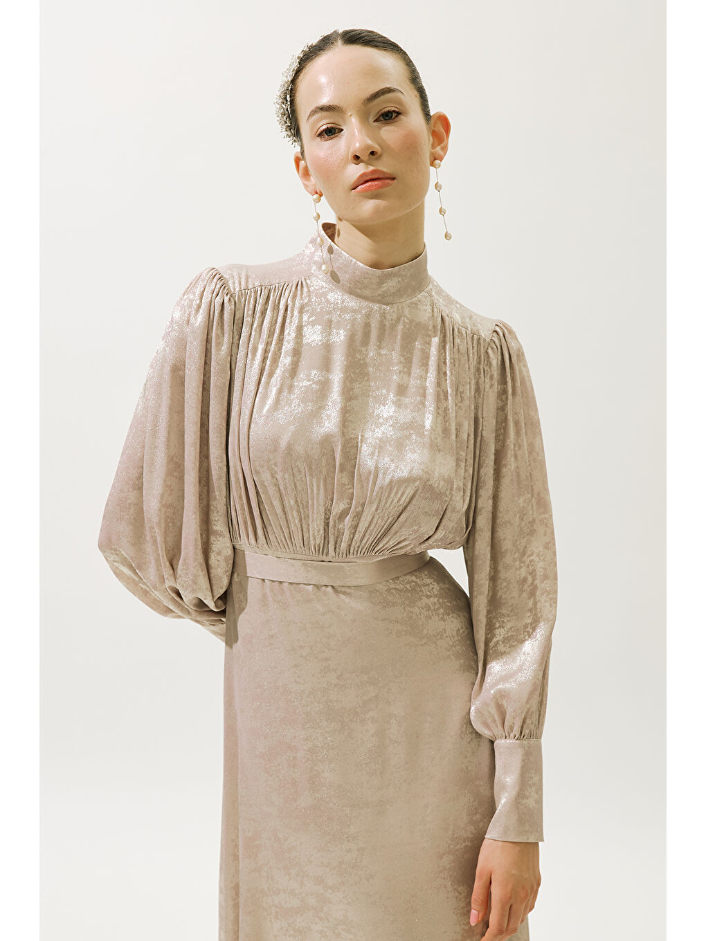 Pembe Işıltılı Abiye Elbise Pudra-5