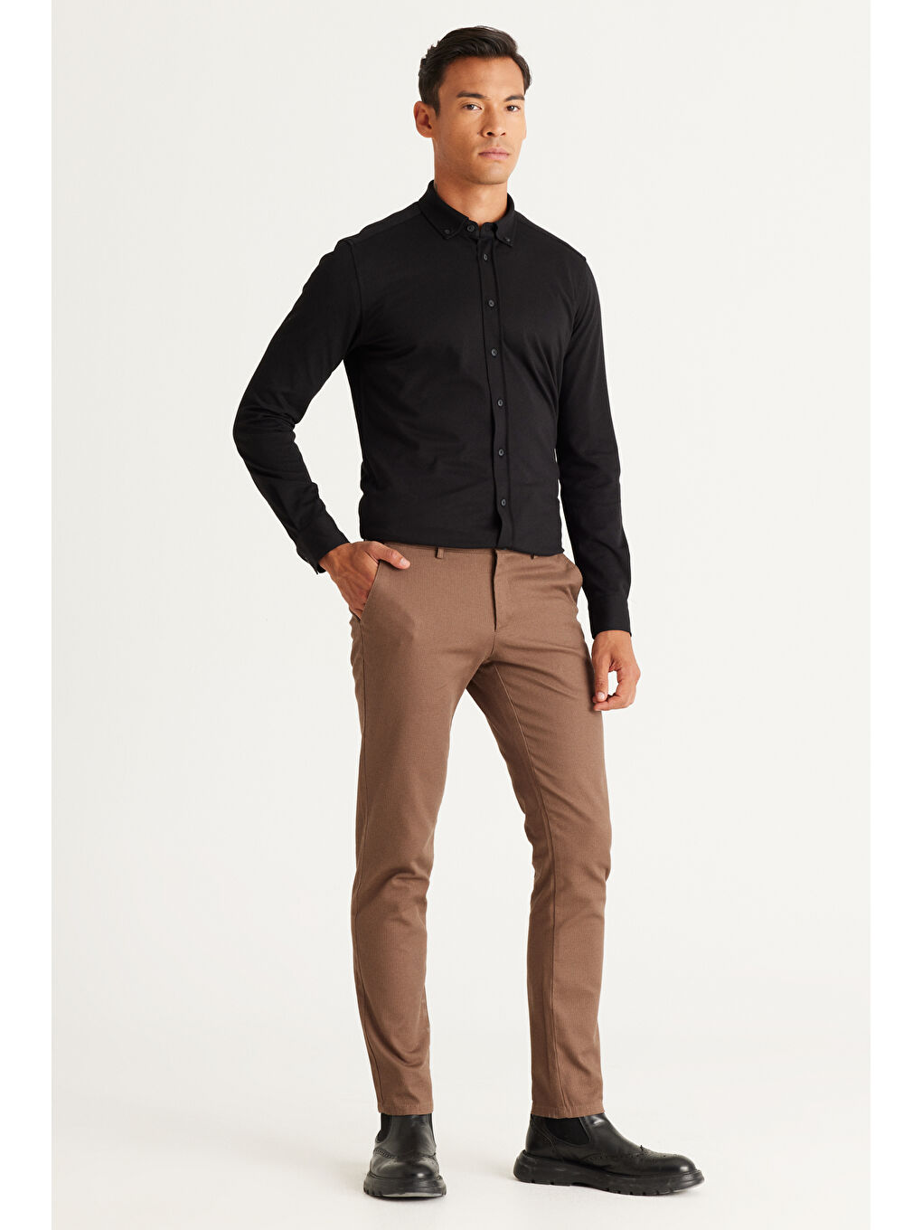 Kahverengi Erkek Camel Slim Fit Dar Kesim Pamuklu Esnek Rahat Armürlü Pantolon-1