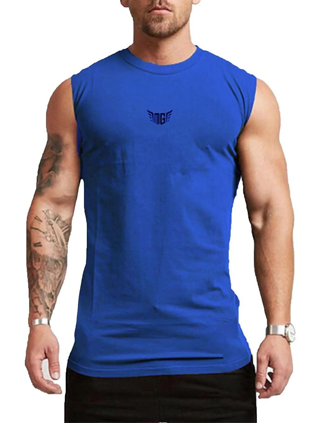 Mavi Erkek Nem Emici Hızlı Kuruma Atletik Teknik Performans Sporcu Sıfır Kol Tişört MG-ATLET