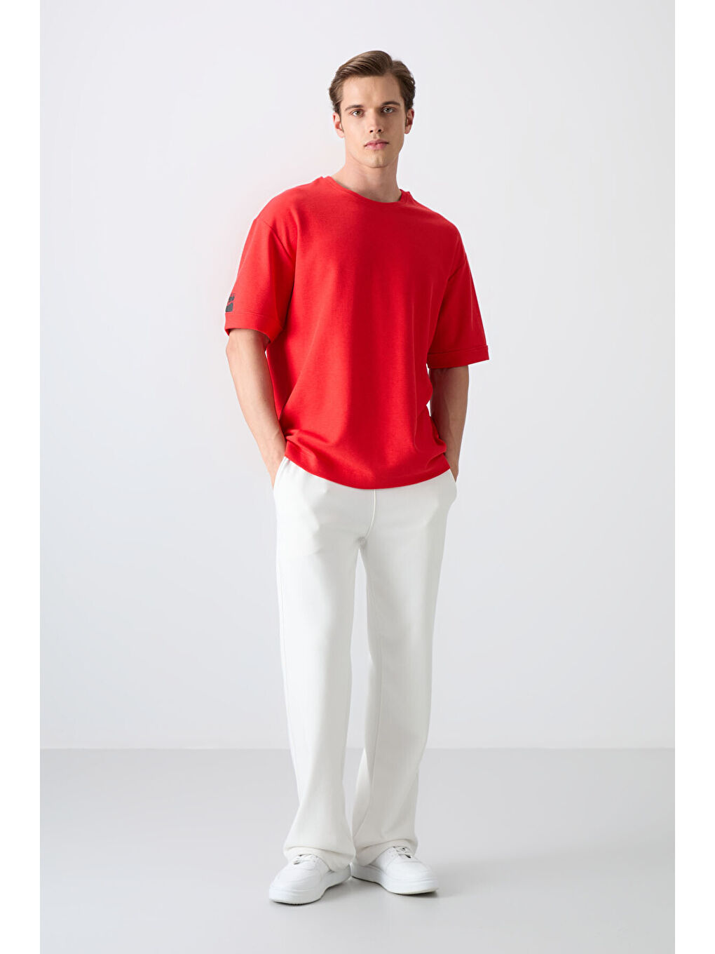 Kırmızı Fiesta Pamuklu Kalın Yüzeyi Dokulu Oversize Fit Basic Erkek Tişört - 88339-1