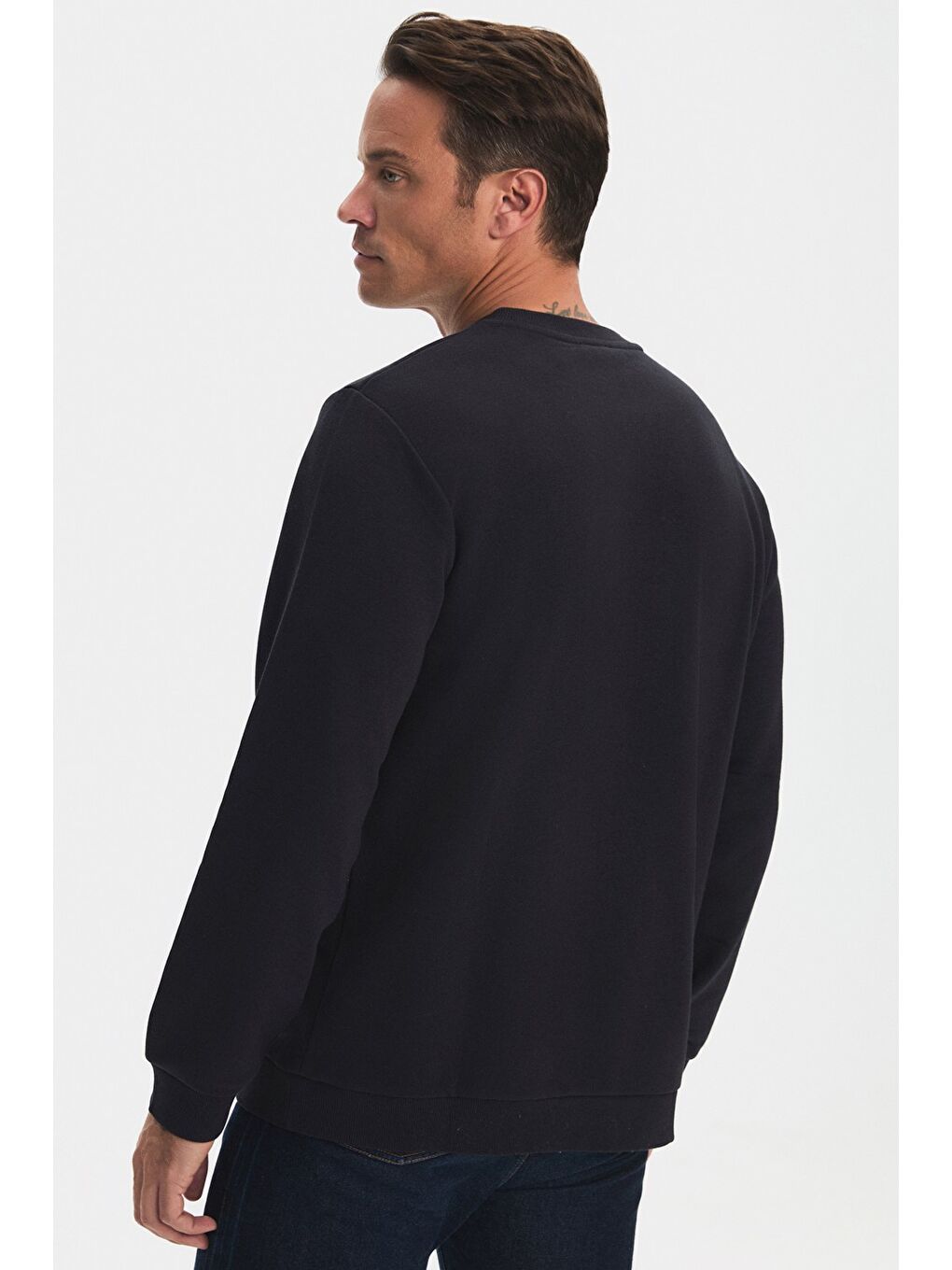 Lacivert Bisiklet Yaka Slogan Nakışlı Erkek Sweatshirt-4