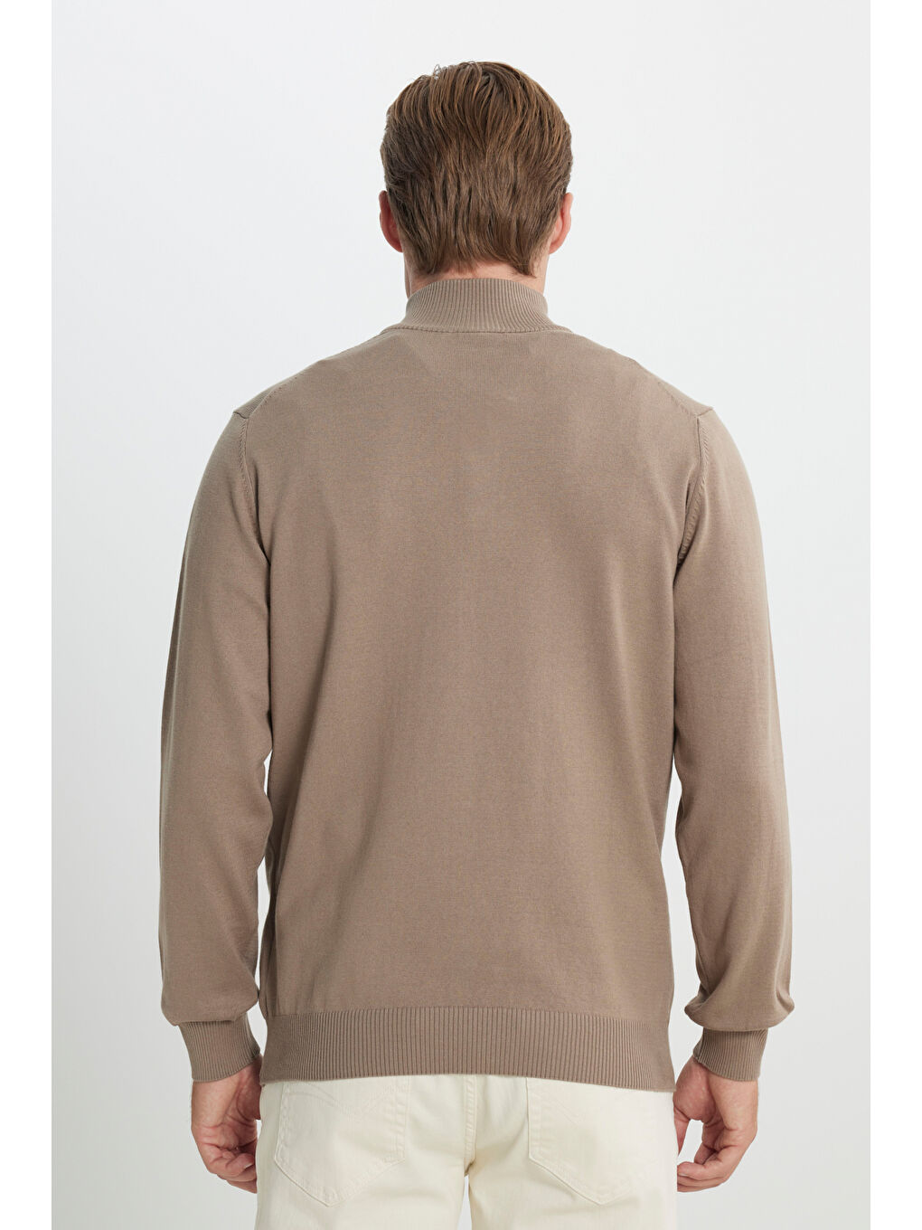 Bej Erkek Vizon Pamuklu Sıcak Tutan Standart Fit Normal Kesim Bato Yaka Triko Kazak-5