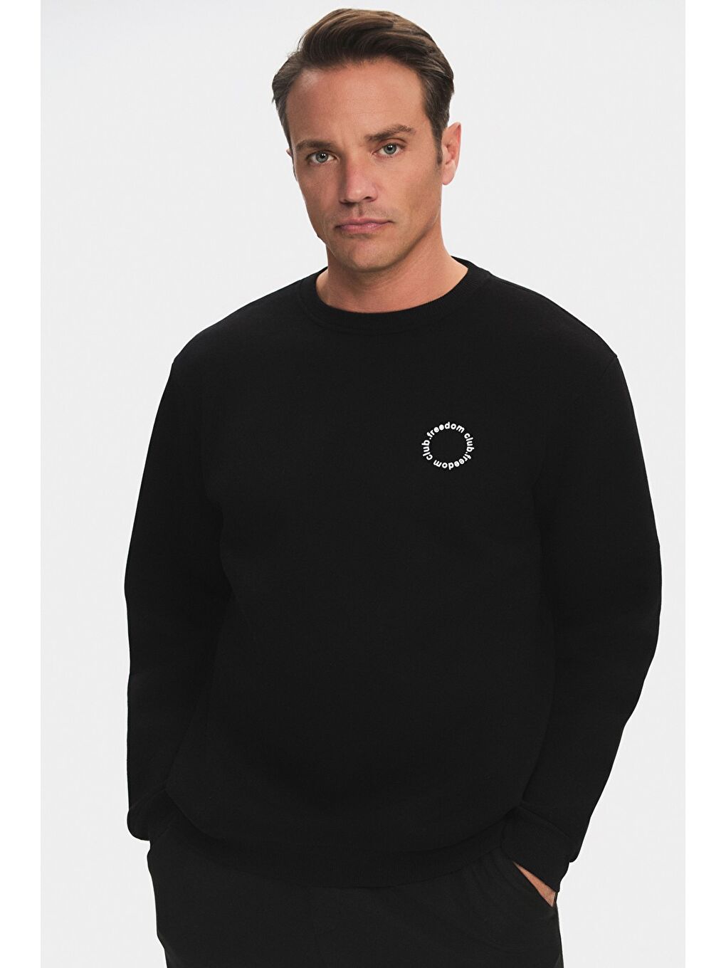 Siyah Bisiklet Yaka Uzun Kollu Baskılı Erkek Sweatshirt