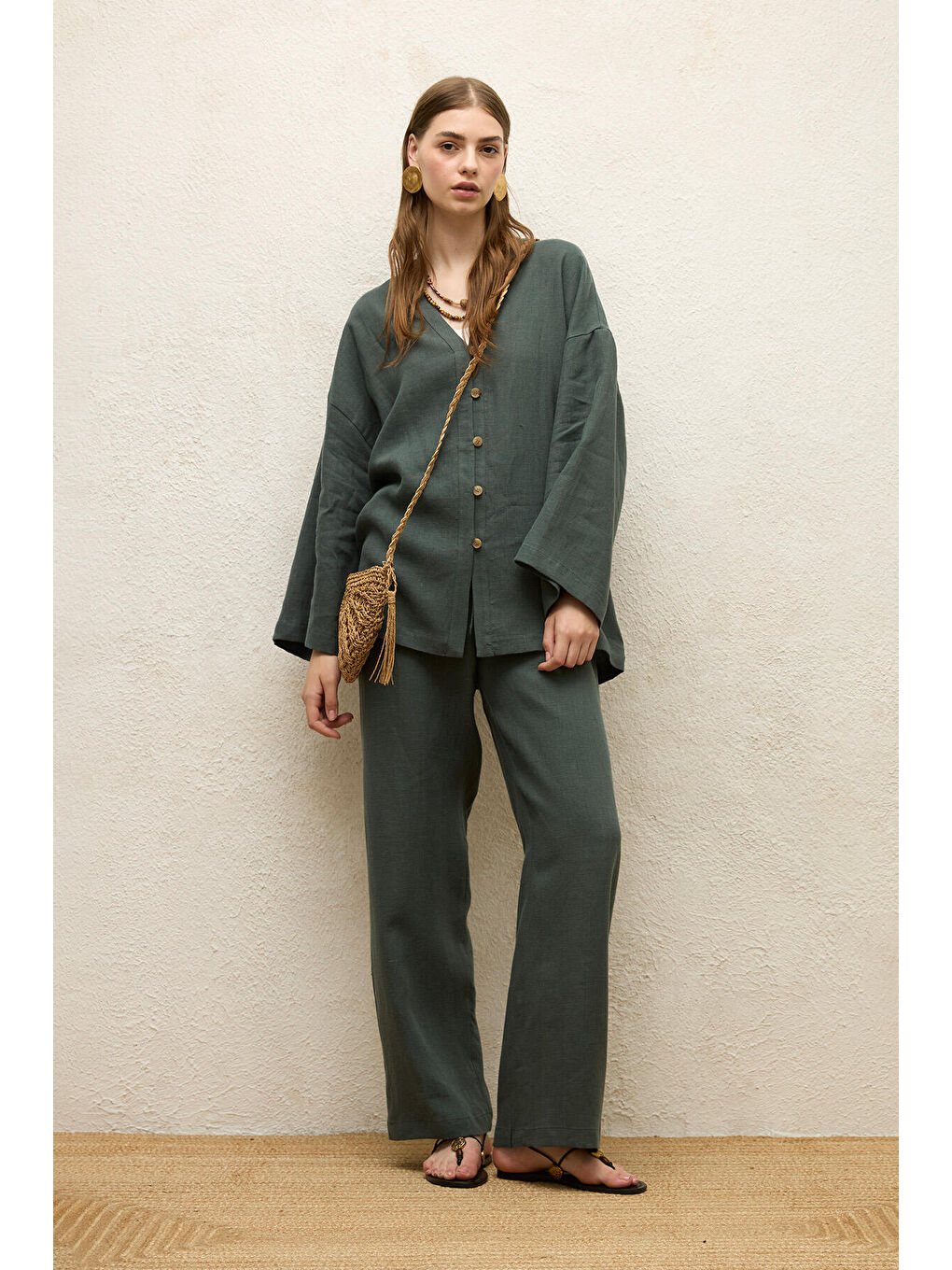 Cepli Rahat Keten Pantolon Yeşil-2