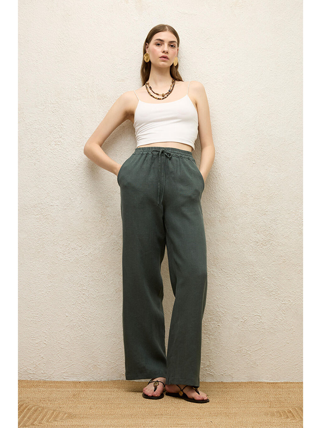 Cepli Rahat Keten Pantolon Yeşil-3