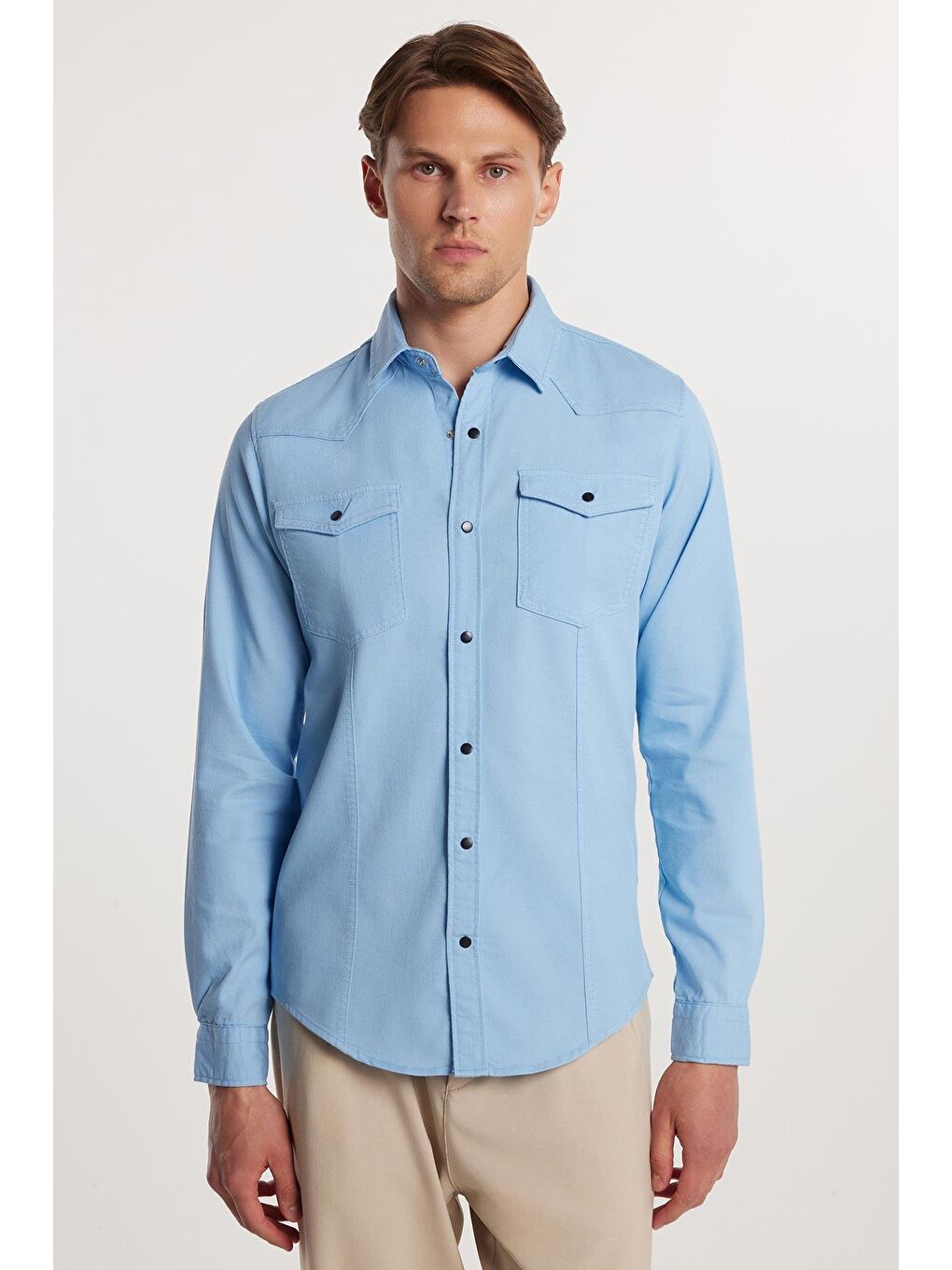 Slim Fit Uzun Kollu Gündelik Denim Jean Erkek Mavi Gömlek