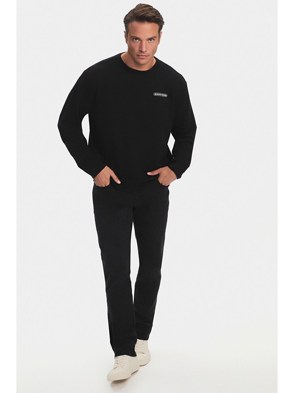 Siyah Bisiklet Yaka Uzun Kollu Baskılı Erkek Sweatshirt