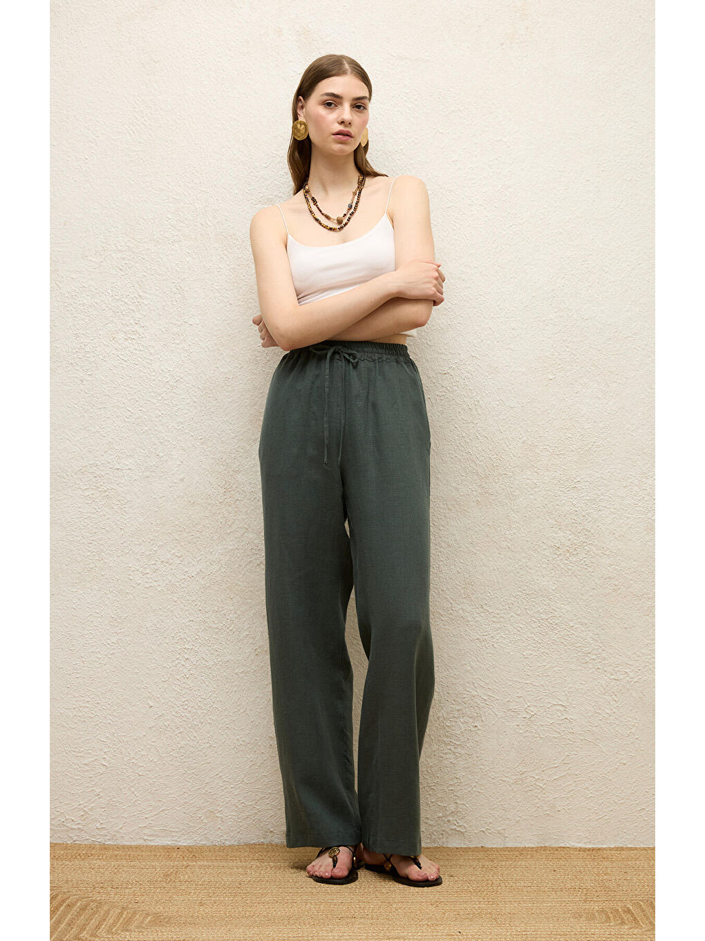 Cepli Rahat Keten Pantolon Yeşil-4