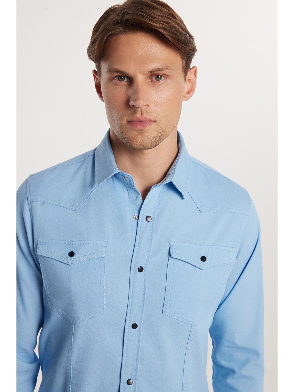 Slim Fit Uzun Kollu Gündelik Denim Jean Erkek Mavi Gömlek-1
