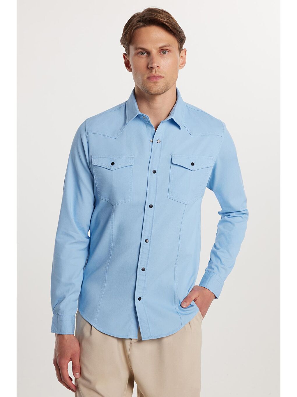 Slim Fit Uzun Kollu Gündelik Denim Jean Erkek Mavi Gömlek-2