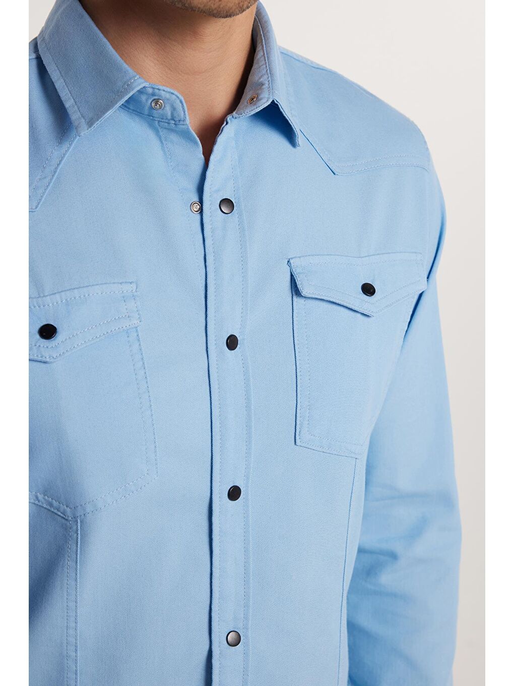 Slim Fit Uzun Kollu Gündelik Denim Jean Erkek Mavi Gömlek-3