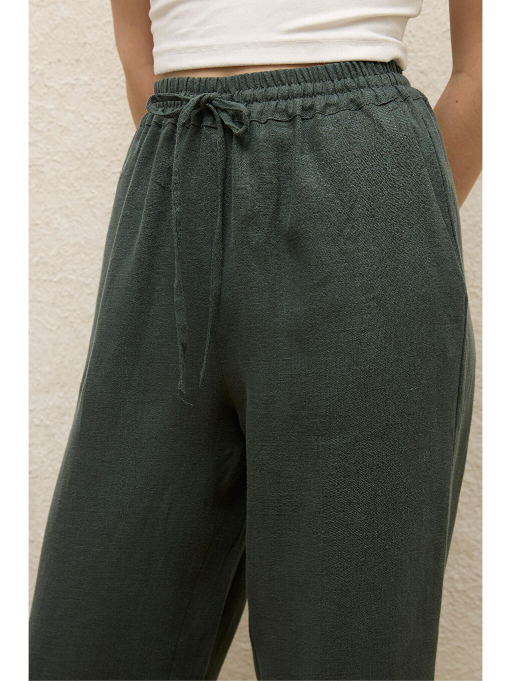 Cepli Rahat Keten Pantolon Yeşil-6