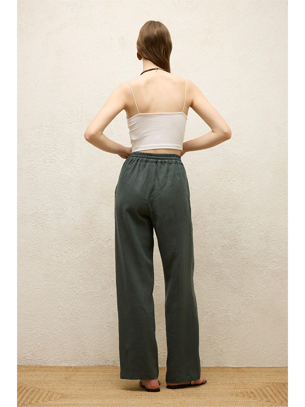 Cepli Rahat Keten Pantolon Yeşil-7