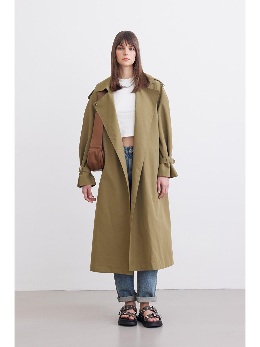 Kemerli Dökümlü Trençkot Yeşil