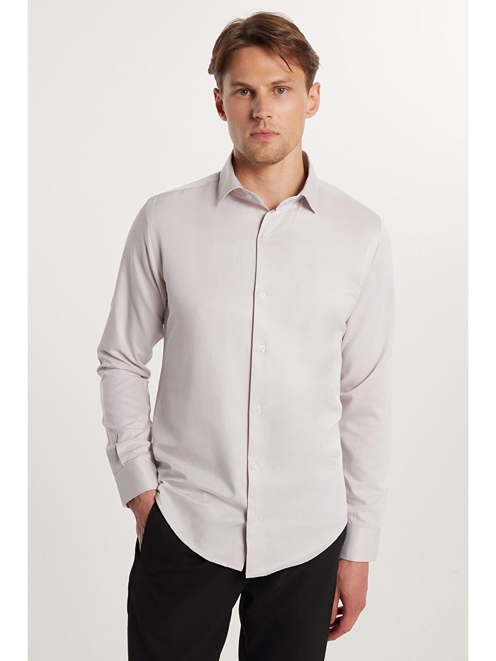 Slim Fit Uzun Kollu Pamuklu Düz Erkek Bej Gömlek